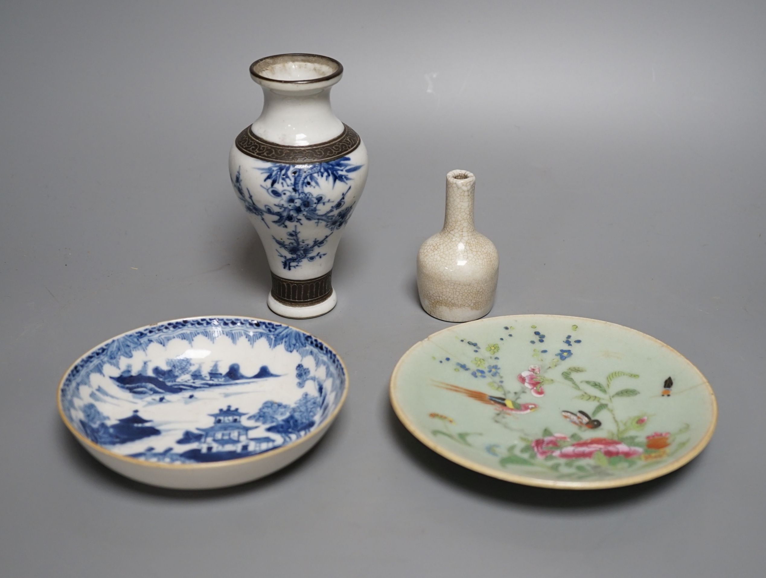 A Chinese export blue and white dish, 13cm, similar vase, a miniature crackle ware vase and a celadon saucer